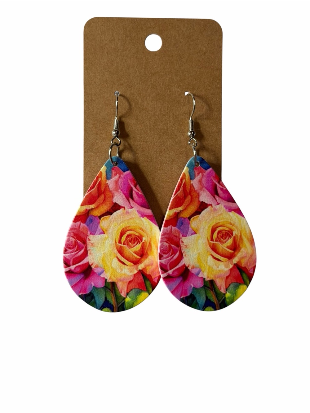 Floral Teardrop Rose Print Earrings - Pink & Yellow